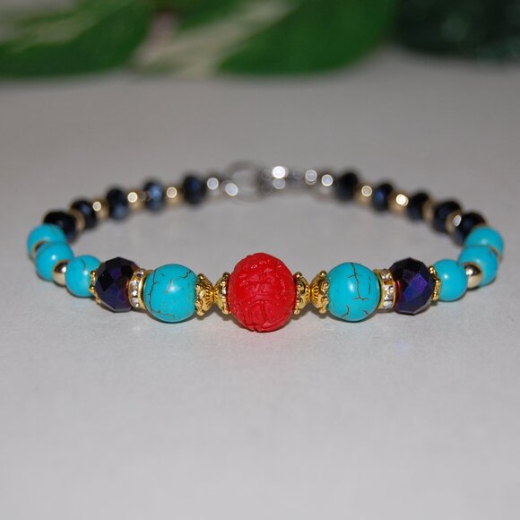 Multicolor Bracelet,Carved Charm,Stone and Glass Beads,Clasp Closure Bracelet - Picture 2 of 2